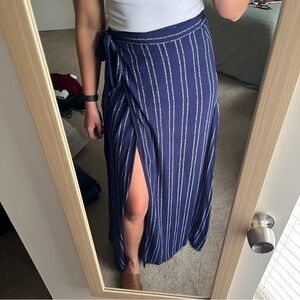 Lulus Whole Wide World Navy Blue Print Wrap Maxi Skirt - Size Medium